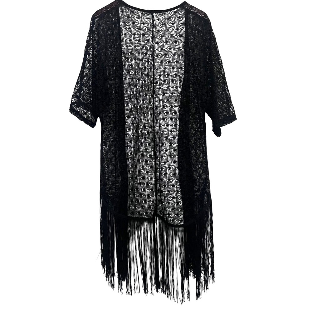 Liberty Love Black Web Starburst Goth Inspired Crochet Kimono Cardigan Fringe M